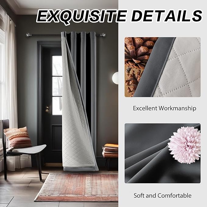 Soundproof 3 Layers 100% Blackout Grey Curtains 1 Panel 50x108 Thermal - Image 6