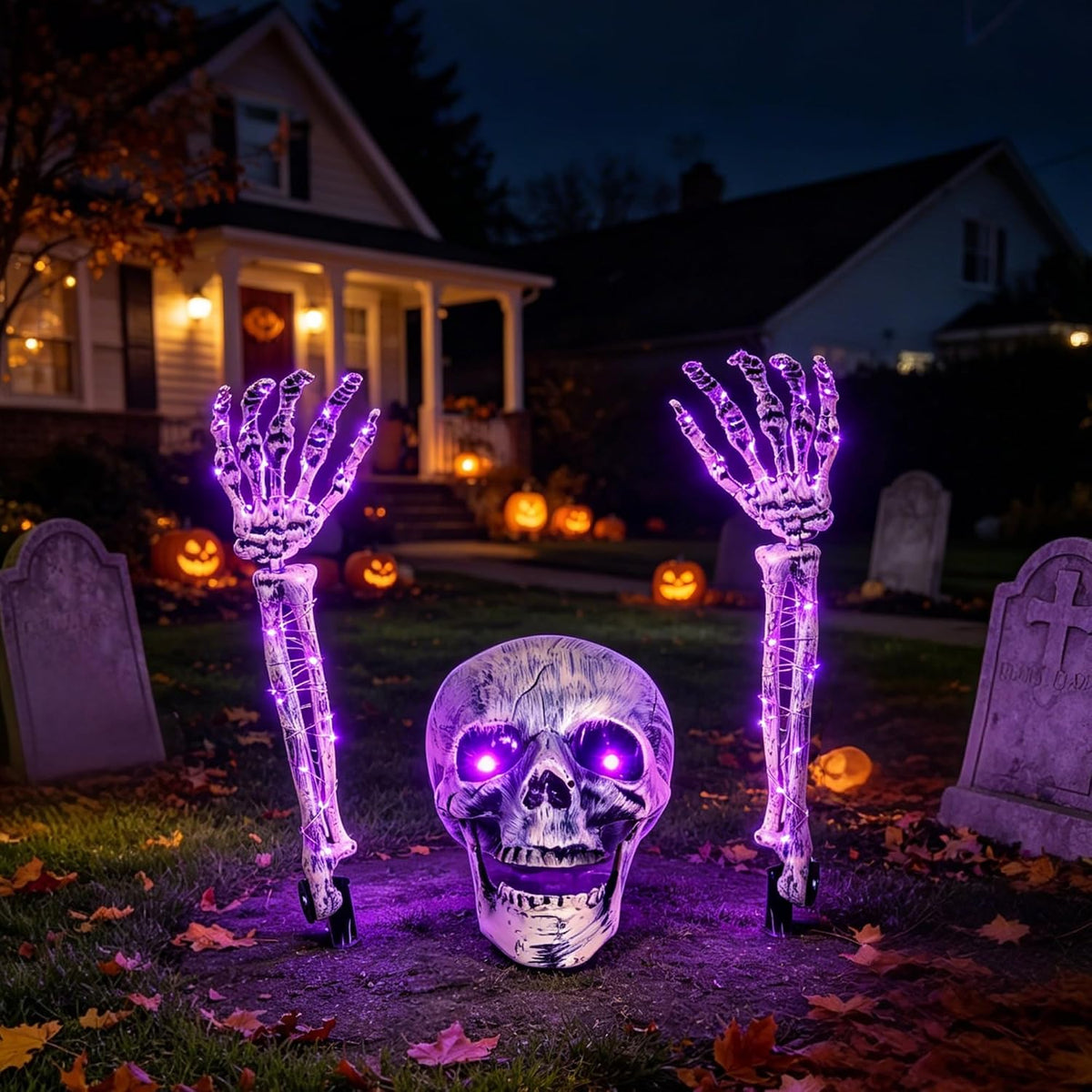 Halloween Skeleton Decorations Outdoor, Light Up Skull Head & Skeleton Hands Stake Lights, Battery Operated Purple LED Halloween Skull Decorations for Yard Lawn Garden Graveyard & Haunted House Decor