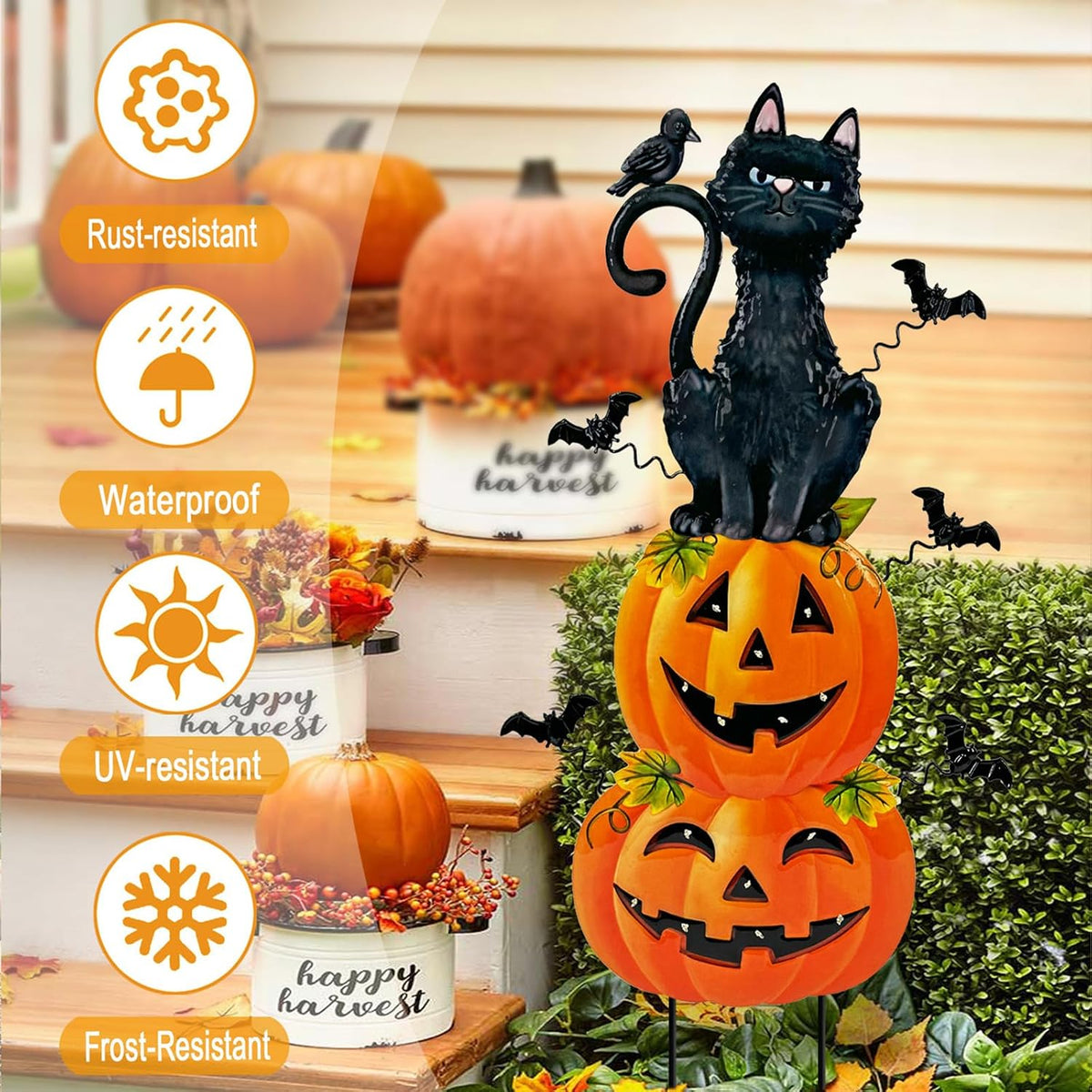 Outdoor Halloween Decorations,Metal Black Cat & Jack'O Lighted Timer Stakes