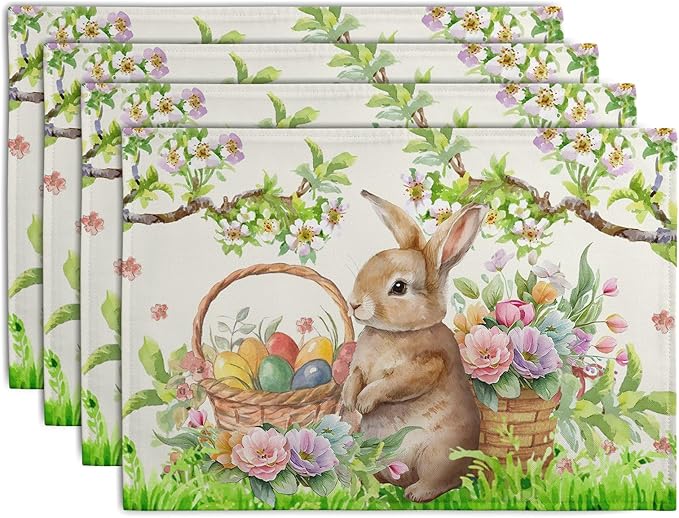 Easter Rabbit Placemats Set of 4 Spring Easter Egg Bunny Flowers Floral Place by Wnoesat
