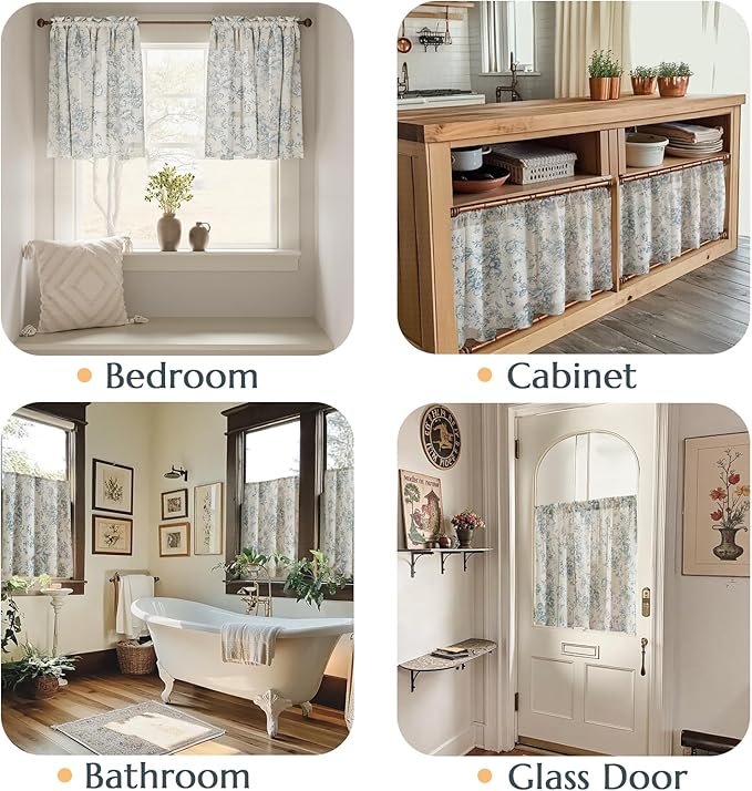 jinchan Floral Linen Tier Curtains Blue Flower on Beige Cafe Curtains 24 Inch - Image 4
