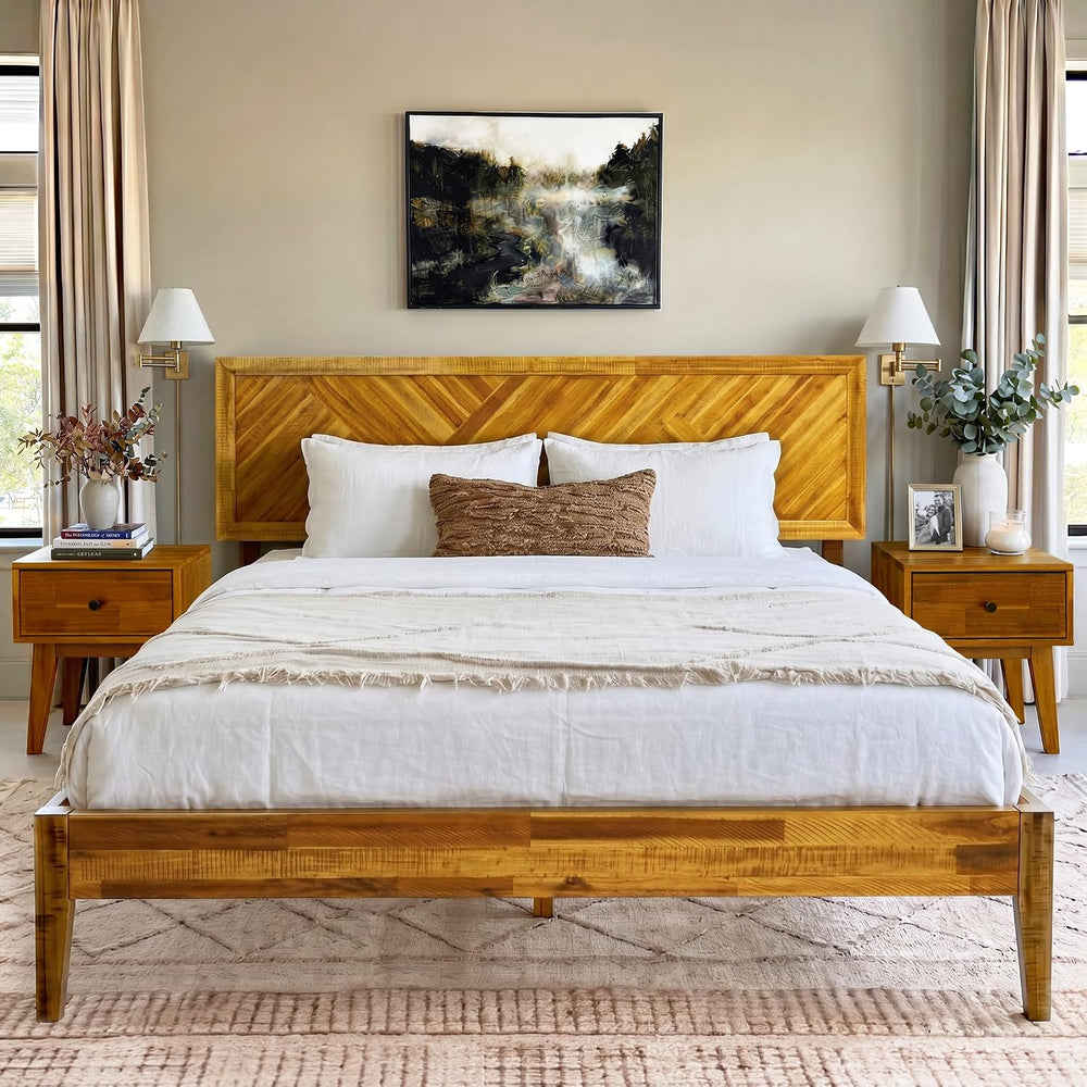 Acacia Sierra Bed Frame with Headboard Solid Wood Platform Bed, Queen Bed Fra...