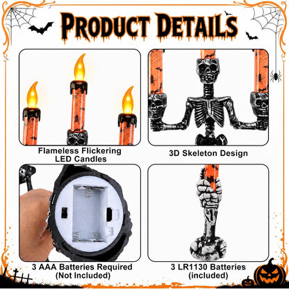 4Pcs Halloween Skeleton Candelabra LED Candle Light, Skull Candelabra Decor
