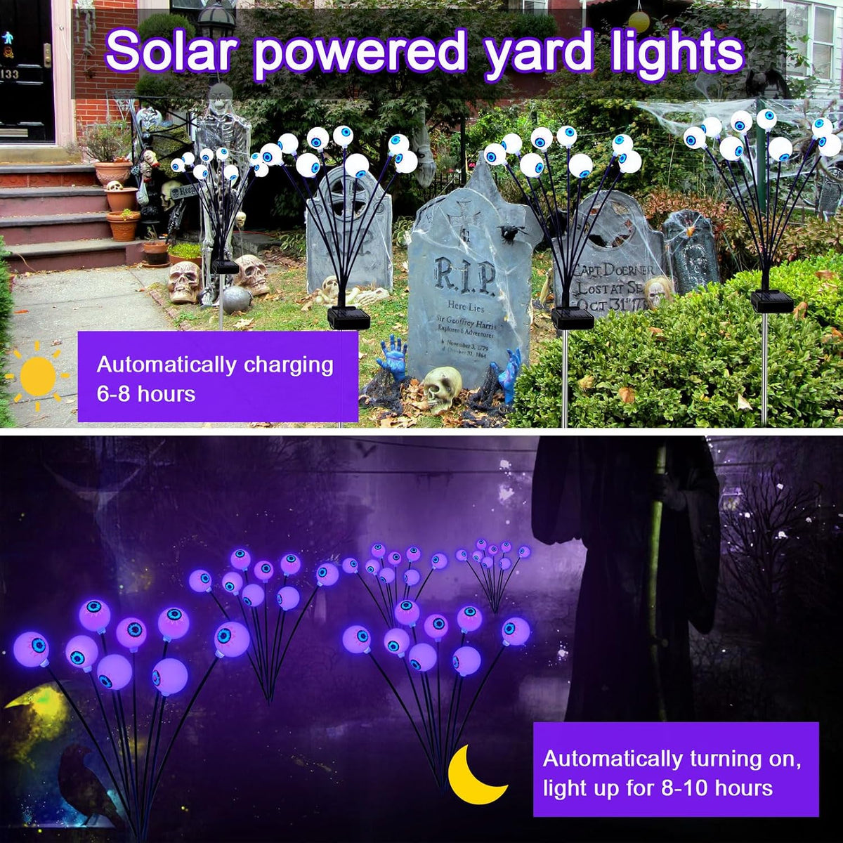 Solar Eyeball Lights for Halloween 32 Purple LED Swaying Firefly Lights Waterproof Outdoor Stake Lights for Yard Garden Lawn Patio 4 Pack