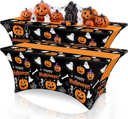 Moukeren 2 Pack Halloween Pumpkin Ghost Spandex Tablecloth 6ft Stretch Table Cloths Fitted Rectangular Table Cover Washable Spooky Skeleton Spider Web Cloth for Halloween Party Supplies Birthday Decor