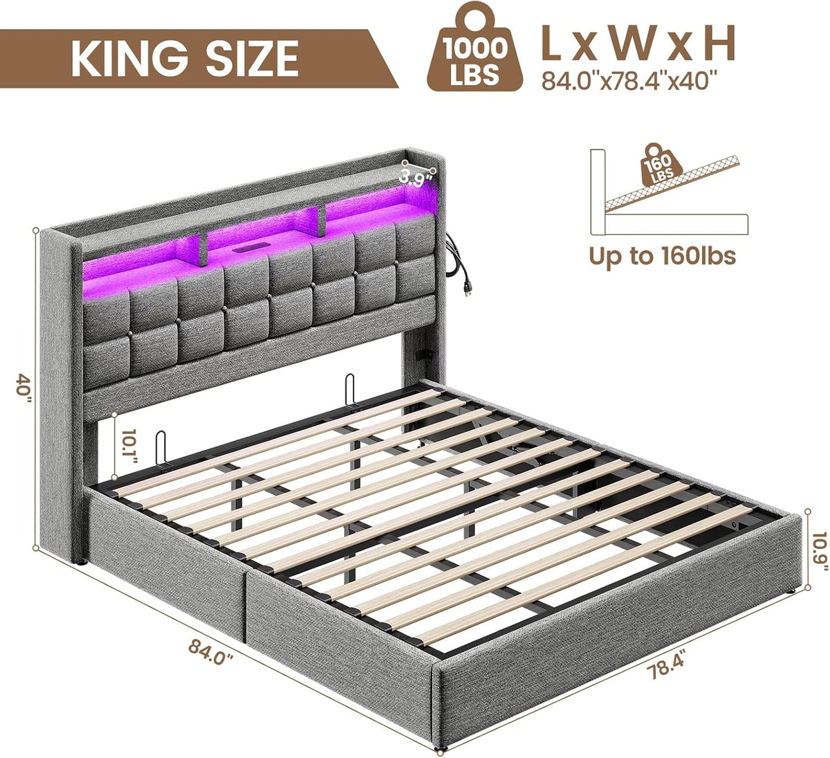 driftalia upholstered king size bed frame with lift shown in use