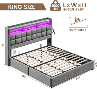 driftalia upholstered king size bed frame with lift shown in use
