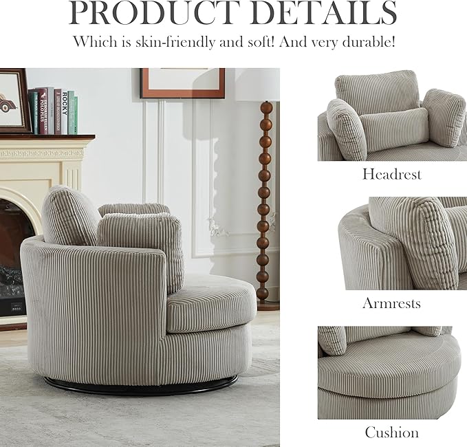 Aoiy & Wifon 42" W Oversized Swivel Accent Chair, Upholstered Round Barrel Chair - Image 5