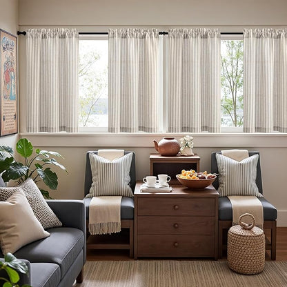 jinchan Striped Linen Kitchen Curtains 36 Inches Tier Curtains Farmhouse Modern - Image 3