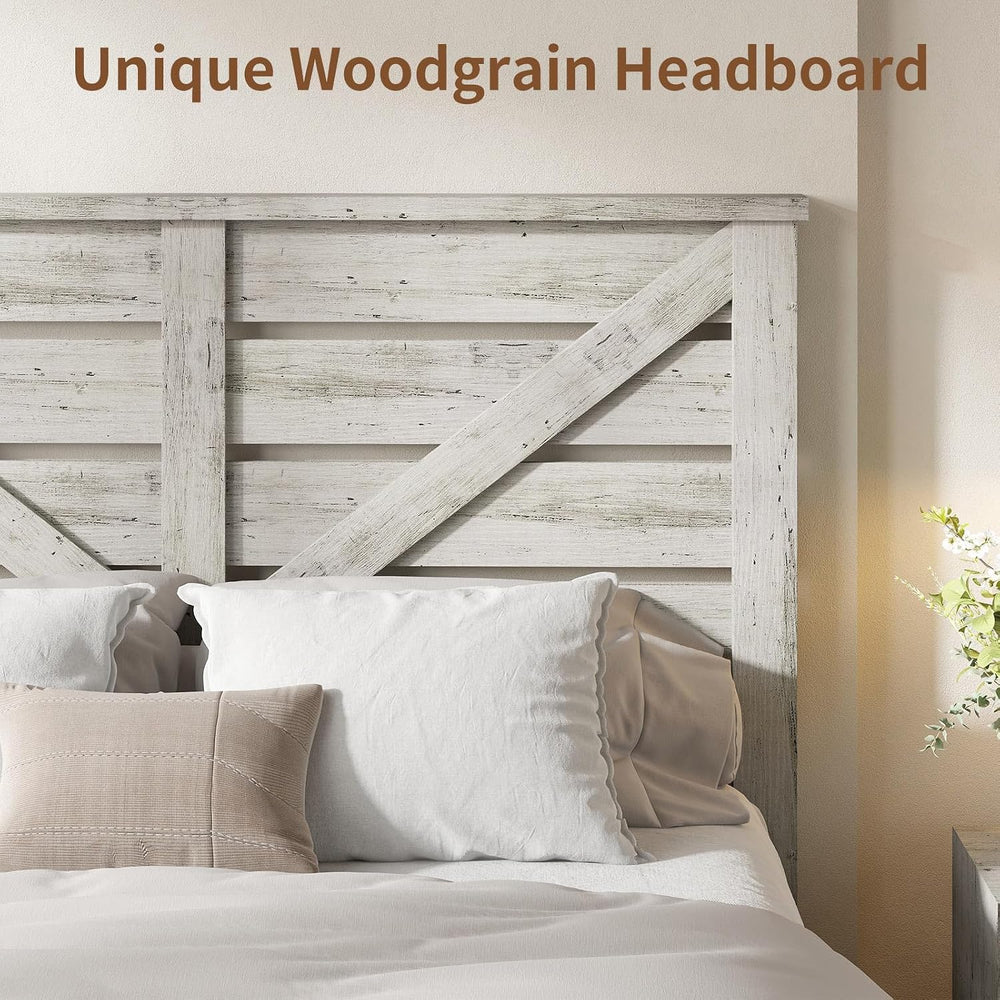 LUXOAK Queen Size Farmhouse Wooden Bed Frame with 49.2" Headboard, White