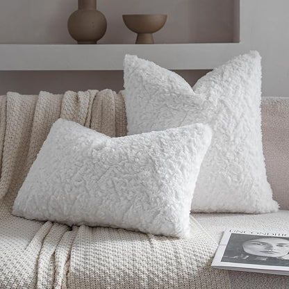 Neelvin Set of 2 Faux Fur Throw Pillow Covers 18x18 Inch White Cozy Soft Solid - Image 3