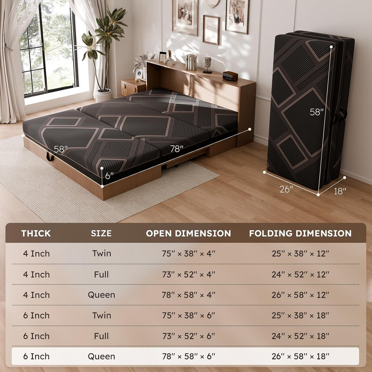 foldable mattress queen size 6 inch trifold memory, close-up detail