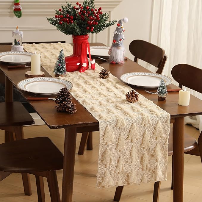 Christmas Tbale Runner 13x72 Inch Soft Plush Faux Fur Jacquard Beige Big Small - Image 6