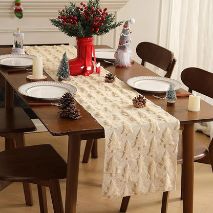 Christmas Tbale Runner 13x72 Inch Soft Plush Faux Fur Jacquard Beige Big Small - Image 6