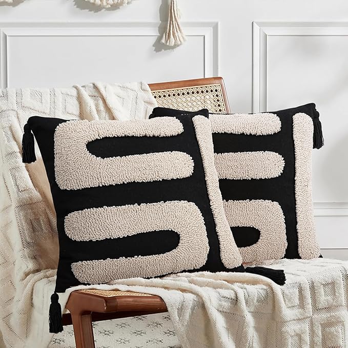 Adabana Black and Beige Pillow Covers 18x18 Decorative Tufted Abstract Throw - Image 5