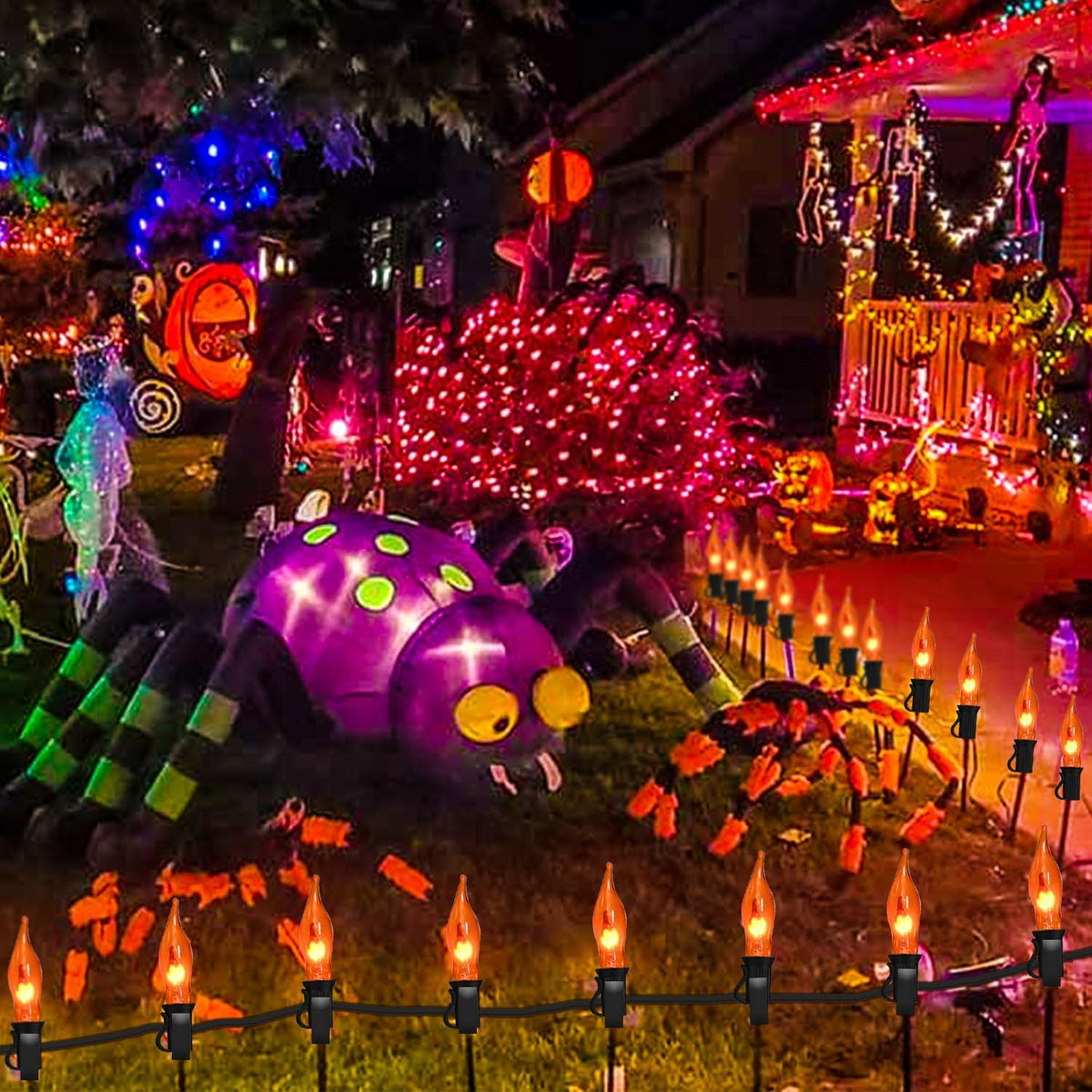 27.8Ft Orange Halloween Lights - Flickering Flame String Lights Orange Flickering String Lights with 25 +4 Pack C18 Flame Light Bulbs for Fall Halloween Decorations Indoor Outdoor Home Party Mantel