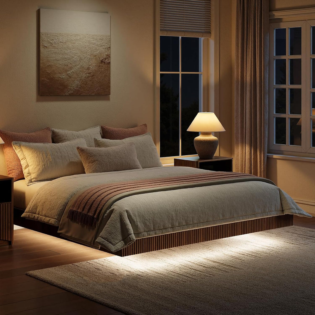 evermagin 12in high walnut king floating bed frame, close-up detail