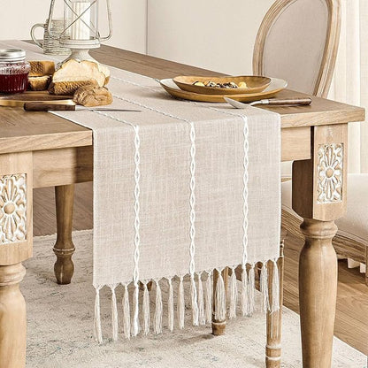 ZeeMart Farmhouse Braided Striped Table Runner, Rustic Cream Table Runners 36 - Image 2