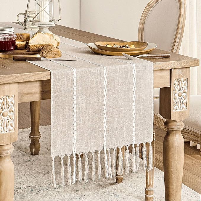 ZeeMart Farmhouse Braided Striped Table Runner, Rustic Cream Table Runners 72 - Image 2