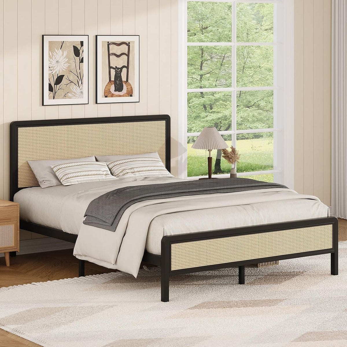 immerstable rattan full size bed frame with headboard, front angle view