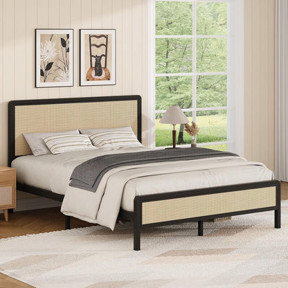 immerstable rattan full size bed frame with headboard, front angle view