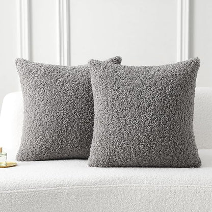 FUTEI Dark Grey Throw Pillow Covers 22x22 Inch Set of 2, Furry Faux Fur Teddy by FUTEI