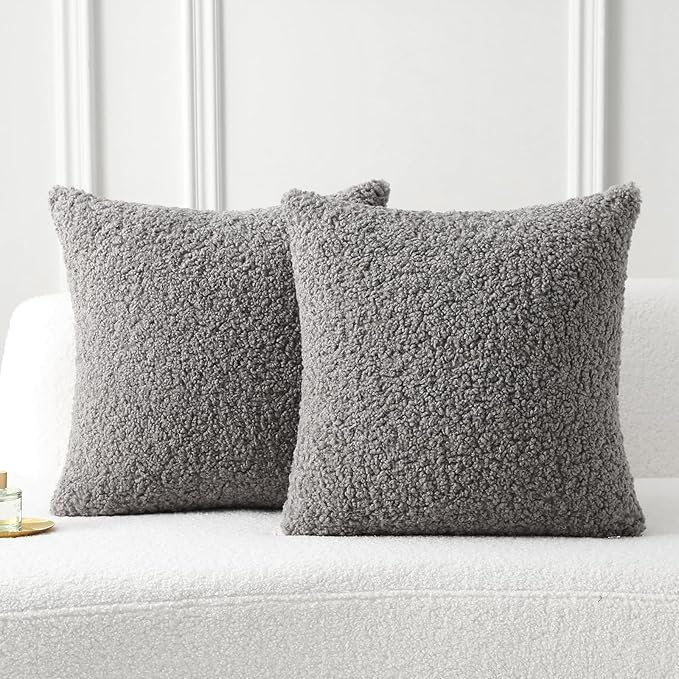 FUTEI Dark Grey Throw Pillow Covers 16x16 Inch Set of 2, Furry Faux Fur Teddy by FUTEI