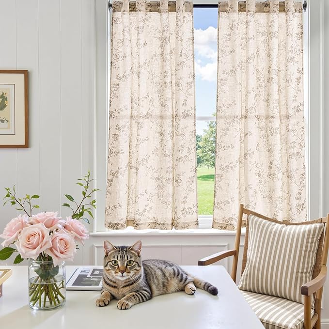jinchan Floral Kitchen Curtains 54 Inch Linen Tier Curtains Farmhouse Cafe Half - Image 6