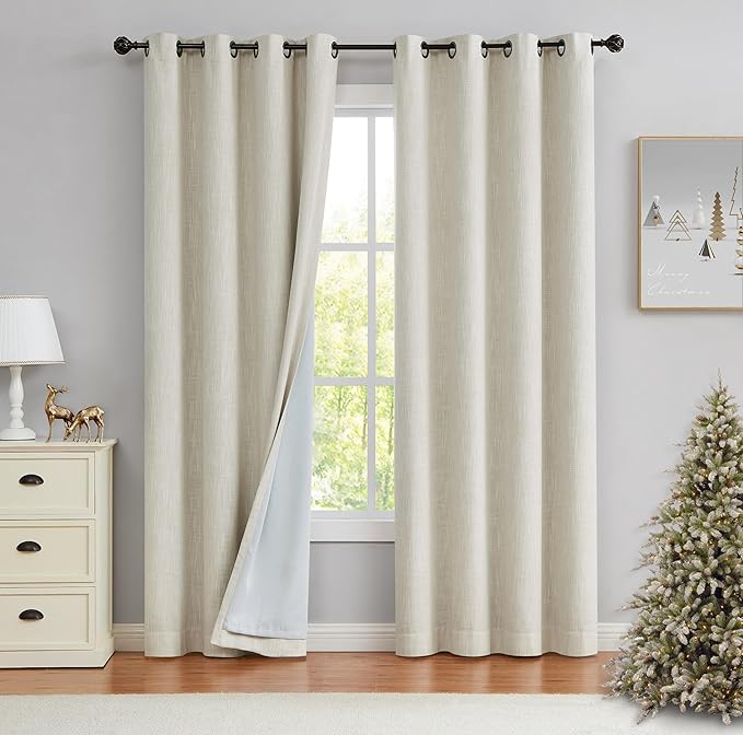 Beige Solid Full Blackout Curtain Heavy Linen Texture Window Treatment by CentralPark
