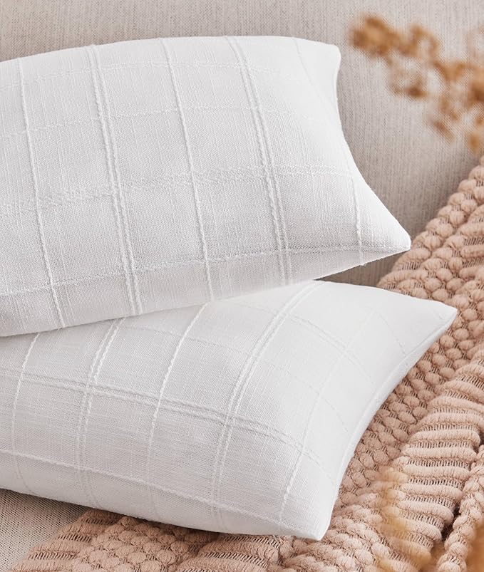 ZeeMart Linen Checked Lumbar Throw Pillow Covers Set of 2, 12x20 Inch Allover by ZEEMARTONLINE