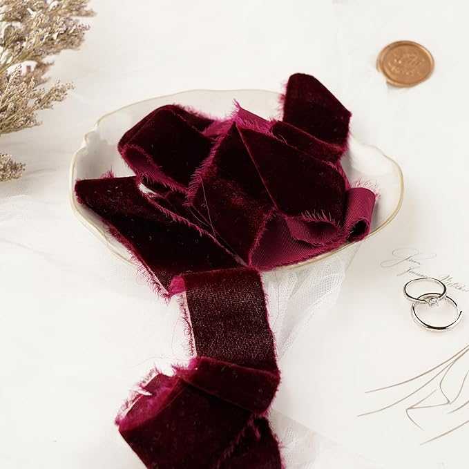 Burgundy Velvet Ribbon 1.5 Inch Maroon Frayed Silk Velvet Ribbon Burgundy - Image 5