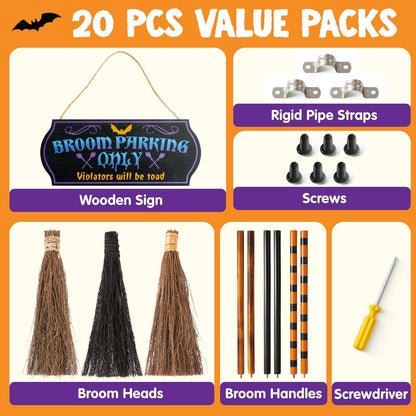 JOYIN Halloween Broom Parking Sign with 3pcs Wooden Witches Brooms, Halloween Decorations Outdoor, Wooden Warning Sign for Front Porch Wall Decor Home Office Indoor