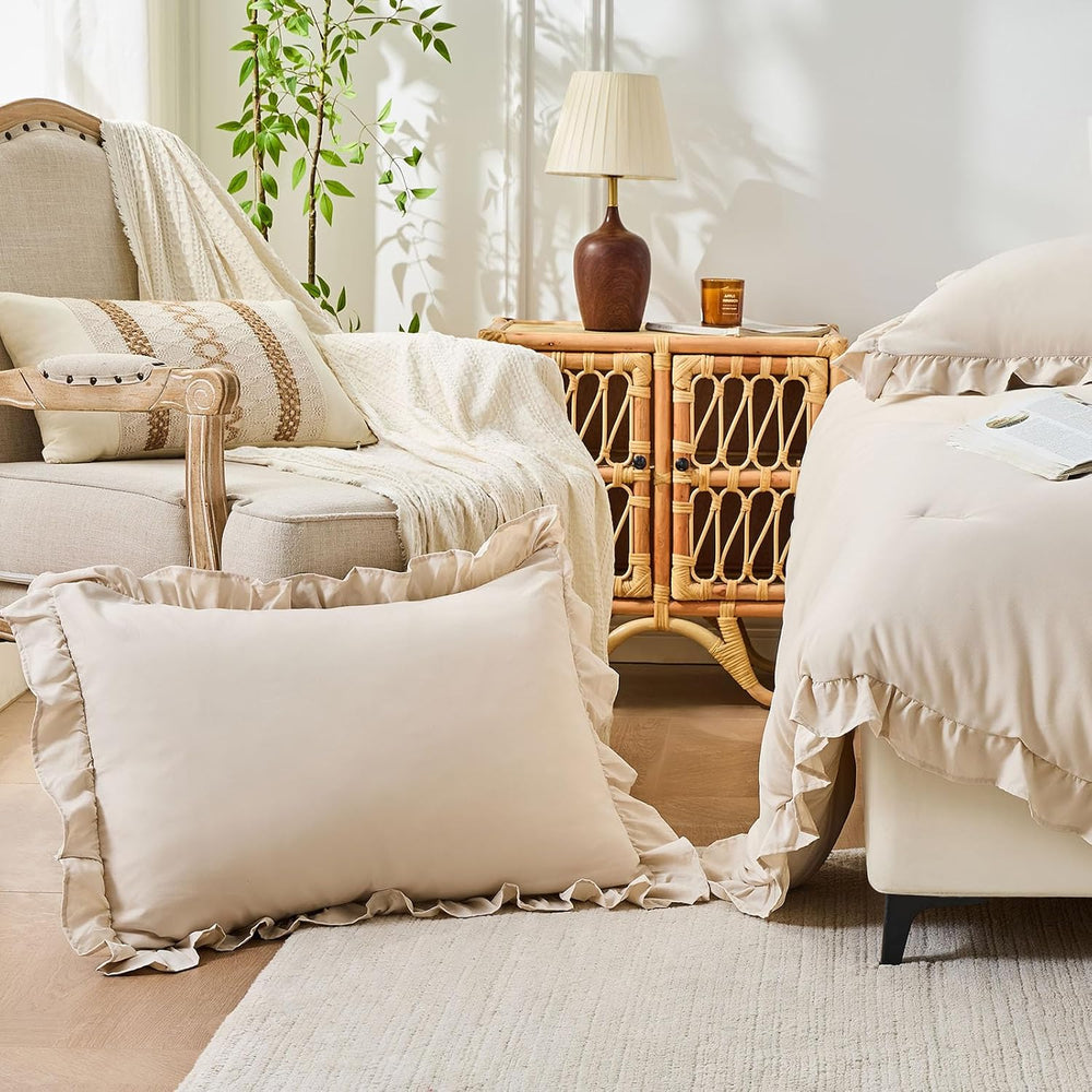 Queen Comforter Set Beige, 3 Piece Bedding Sets, Ruffle Bed in a Bag