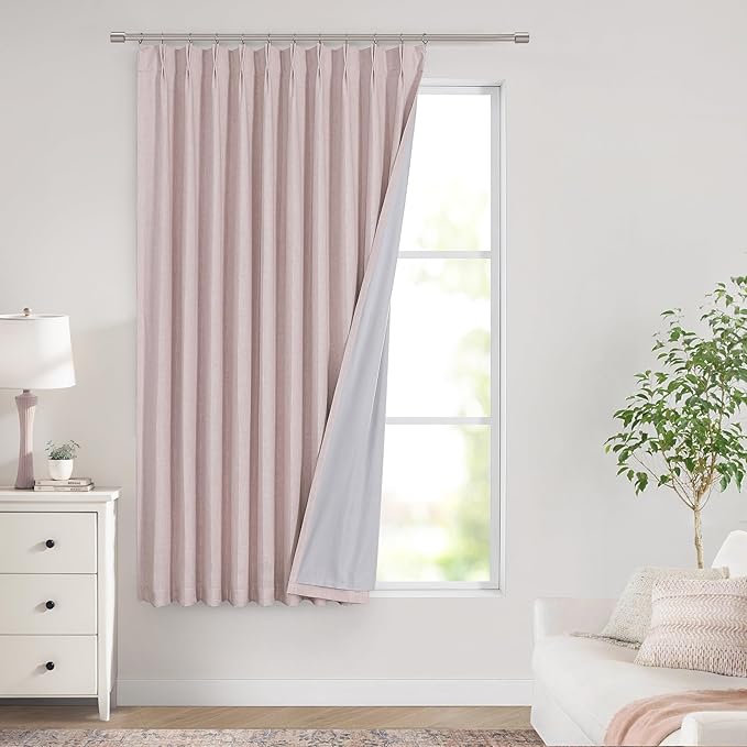 Vision Home Soft Pink Pinch Pleated Full Blackout Curtains Linen Blended Room by VisionHome