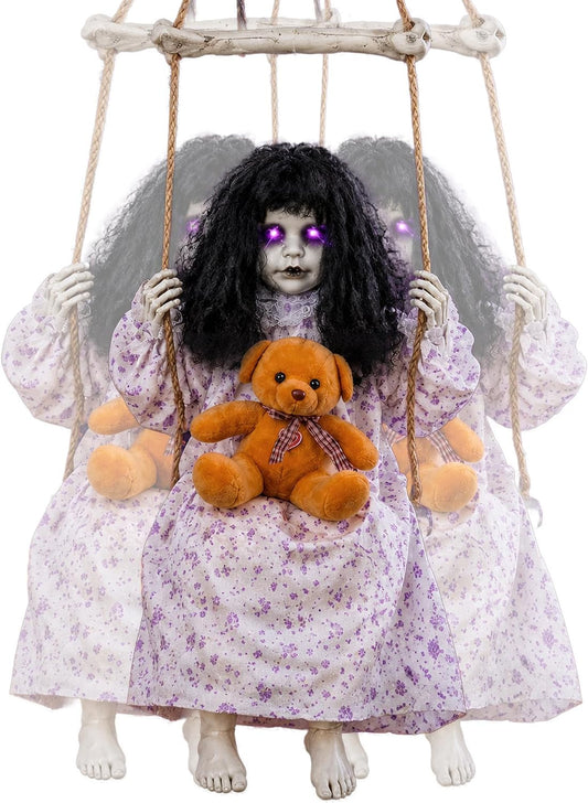 Hourleey Halloween Decorations Outdoor, Hanging Swinging Girl Doll Sound Activated with Lighted Eyes Creepy Sound, Animatronics Halloween Decor for Indoor Trees Party Garden Haunted House Prop
