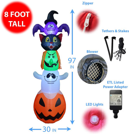 8 FT Halloween Inflatable Stacked Bat, Black Cat Witch Ghost Pumpkin