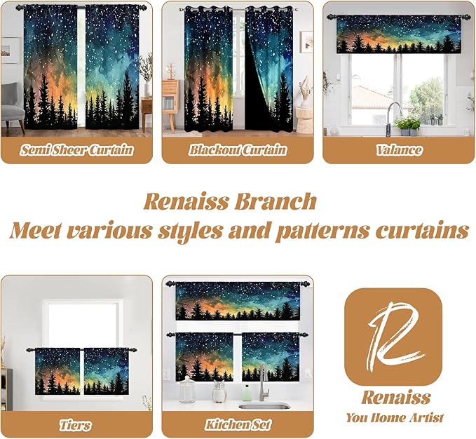 Renaiss 26 x 24 Inch Forest Starry Kitchen Curtains Light Filter Night Rustic - Image 8