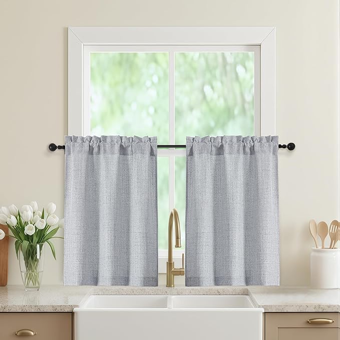 Grey Kitchen Curtains 30 Inch Length 2 Panels, Light Filtering Farmhouse Linen by WelvetBLK