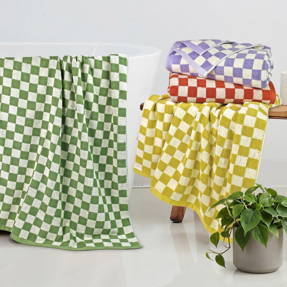 Checkered Bath Towels Set of 4 - Cotton Towels for Bathroom, Beach, Pool