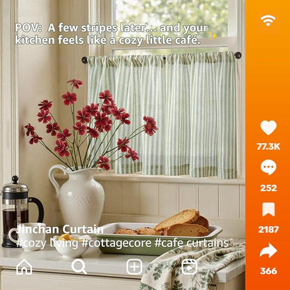 jinchan Striped Linen Kitchen Curtains 20 Inches Length Tier Curtains Farmhouse - Image 3
