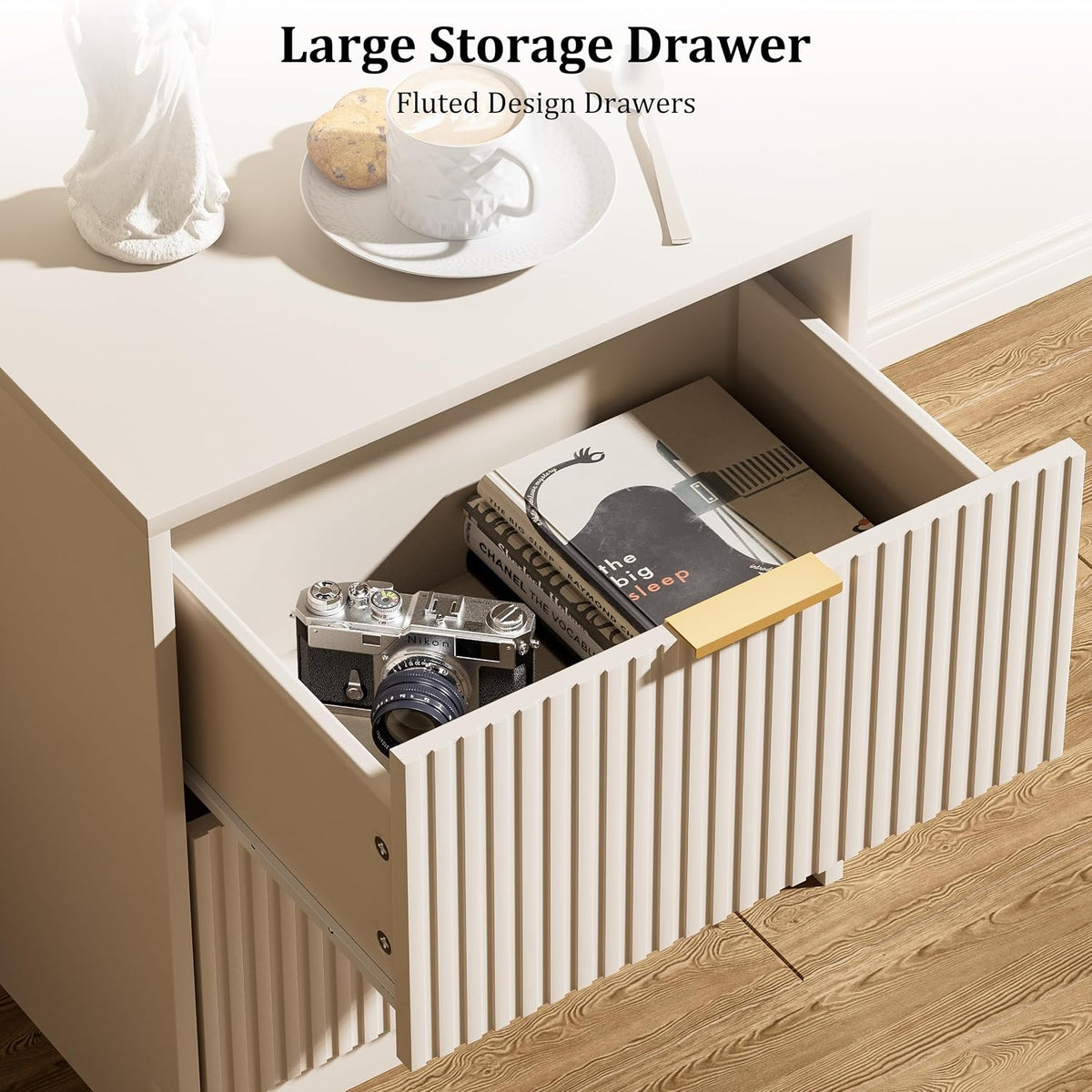 3 piece modern bedroom set, 5 drawer dresser on a desk or shelf