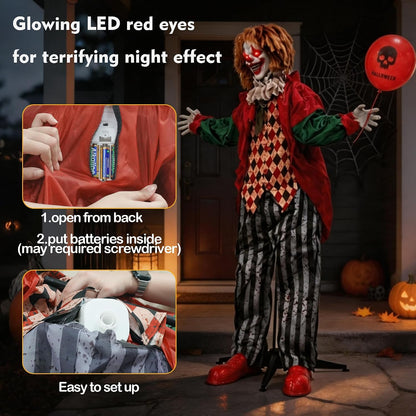 Hourleey 5.3FT Halloween Animatronics Clown Decorations, Sound Activated Standing Animated Clown with Lighted Eyes, Clown Holding Balloon for Indoor Outdoor Haunted House Party Prop Yard Decor