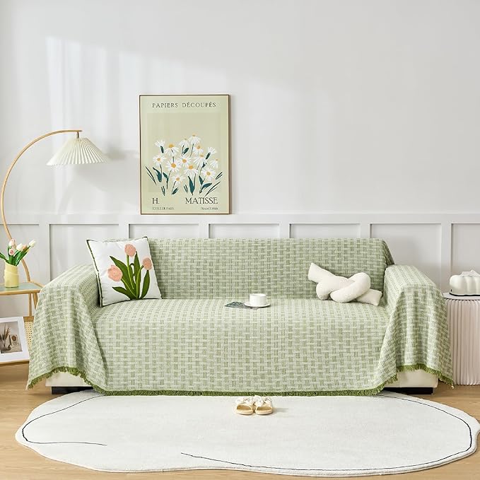 Green Couch Cover Blanket Cute Geometrical Jacquard Washable Sofa Cover by DMLNN