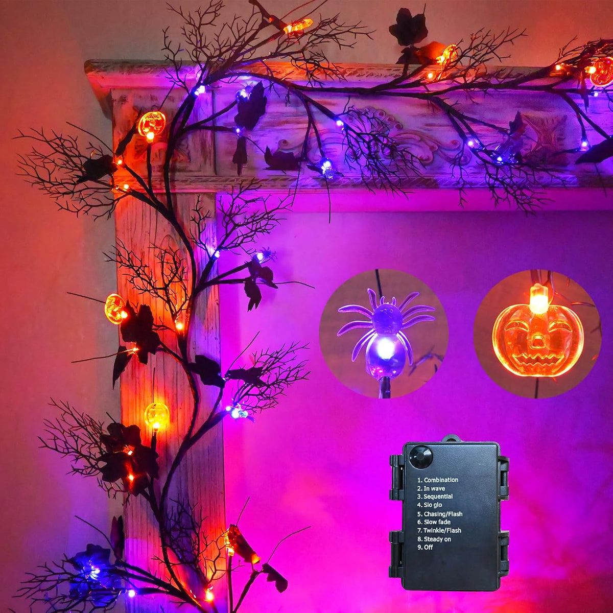 Halloween Garland with Lights 8.86FT 72LED Willow Vine Twig with Timer Black Garland Lights with Orange Pumpkins Purple Spiders and Black Leaves Dead Branches Halloween Decorations Indoor Outdoor
