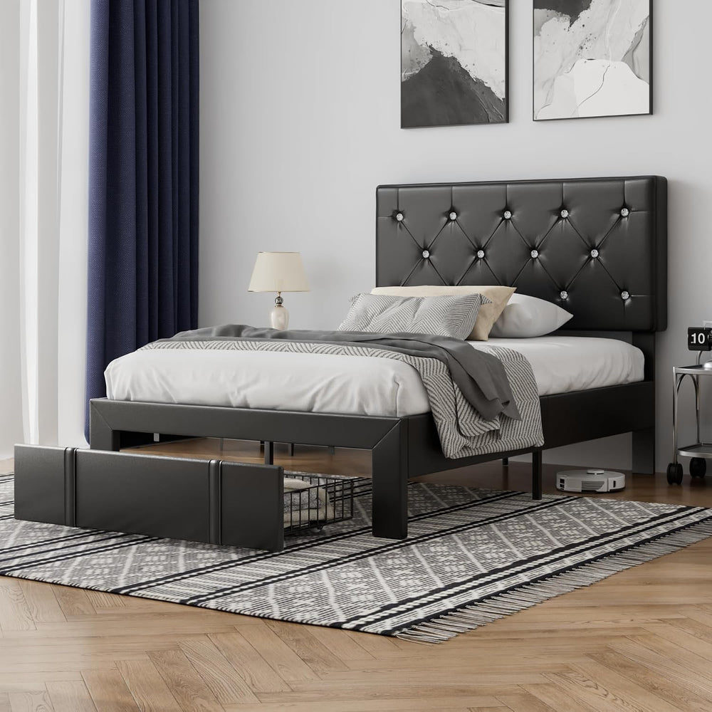 VECELO Twin Size Bed Frame with Storage Drawers, Leather Upholstered Bedframe...