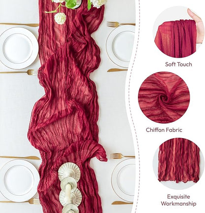 Sioloc Burgundy Red Cheesecloth Table Runner Fall Autumn Decor for Home 10ft Table Cloth for Wedding Birthday Party Bridal Shower Christmas Halloween Thanksgiving