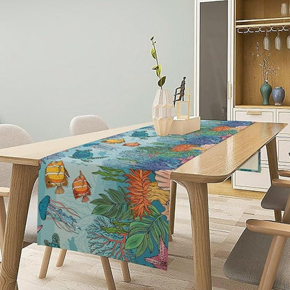 Coastal Table Runner, Ocean Nautical Coral Starfish Seashell Sea Turtle Table - Image 2