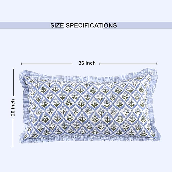 Ridhi Light Steel Blue 100% Cotton Block Print Ruffle Bed Sham Cover 20''×36'' - Image 4