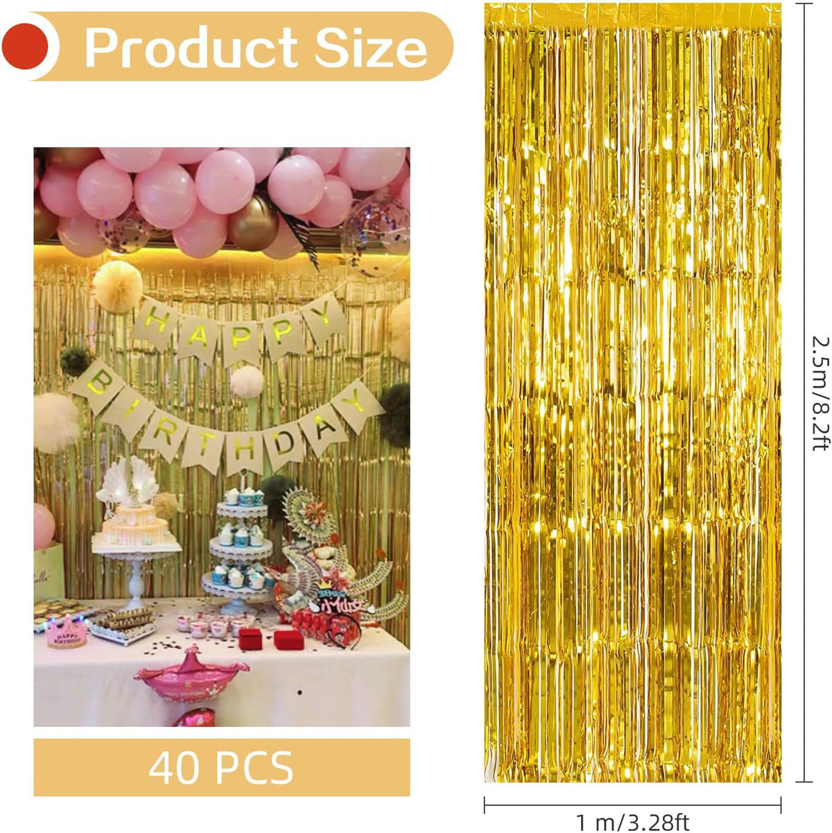 40 Pack Gold Foil Curtain Backdrop Metallic Tinsel Foil Fringe Curtains Photo Booth Props for Birthday Party Decoration Christmas Holiday Halloween New Year Party Supply
