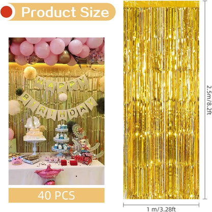 40 Pack Gold Foil Curtain Backdrop Metallic Tinsel Foil Fringe Curtains Photo Booth Props for Birthday Party Decoration Christmas Holiday Halloween New Year Party Supply